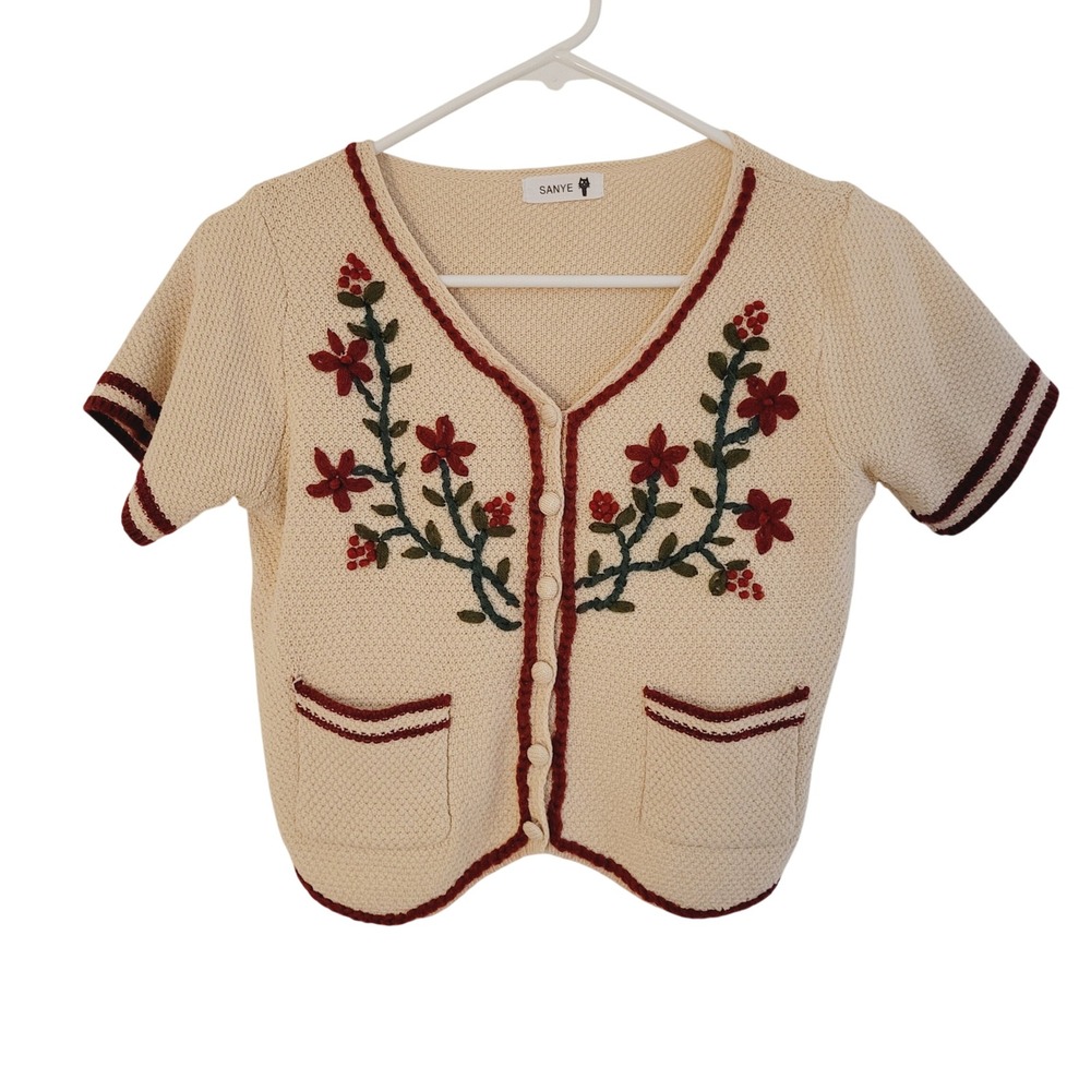 Sanye Floral Embroidered Knit Cardigan Short Sleeve Small Sweater Cottagecore